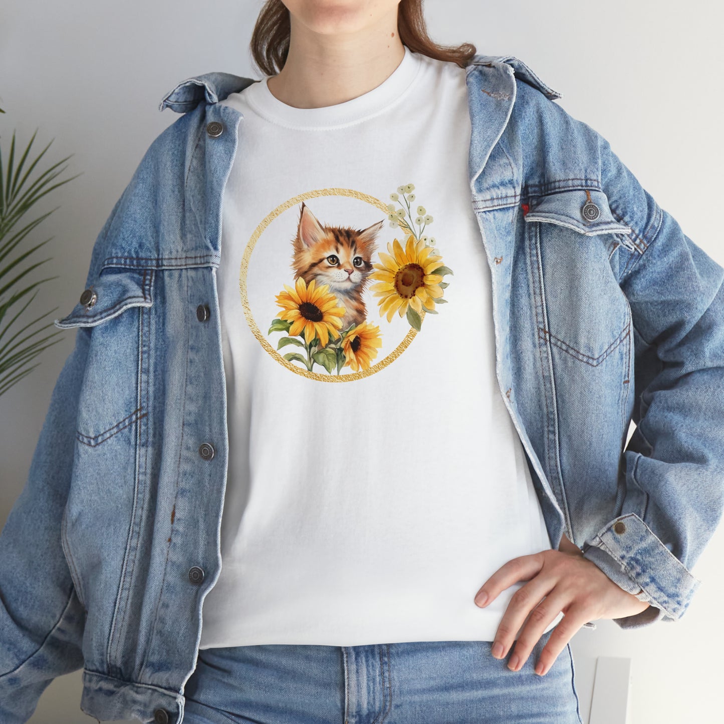 Cat with Sunflowers Design Heavy Cotton Tee