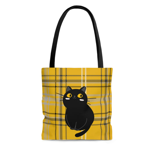 Yellow Plaid Black Cat design Tote Bag (AOP)