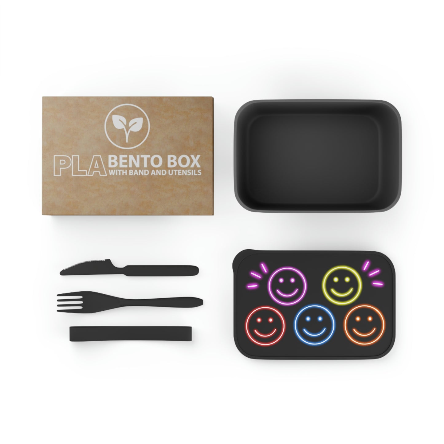 Neon look Smile Face Lunch Box / " PLA Bento Box " with Band and Utensils