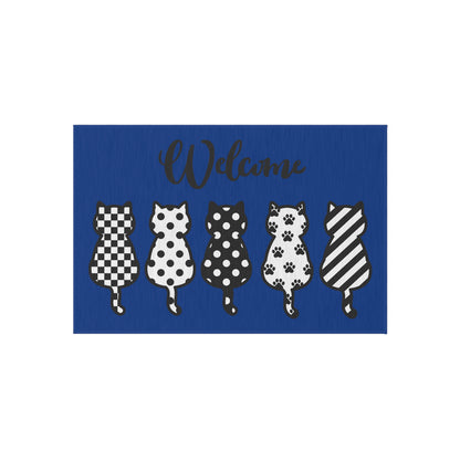 "Welcome" Patterned Five Cat's design Outdoor Rug (blue)