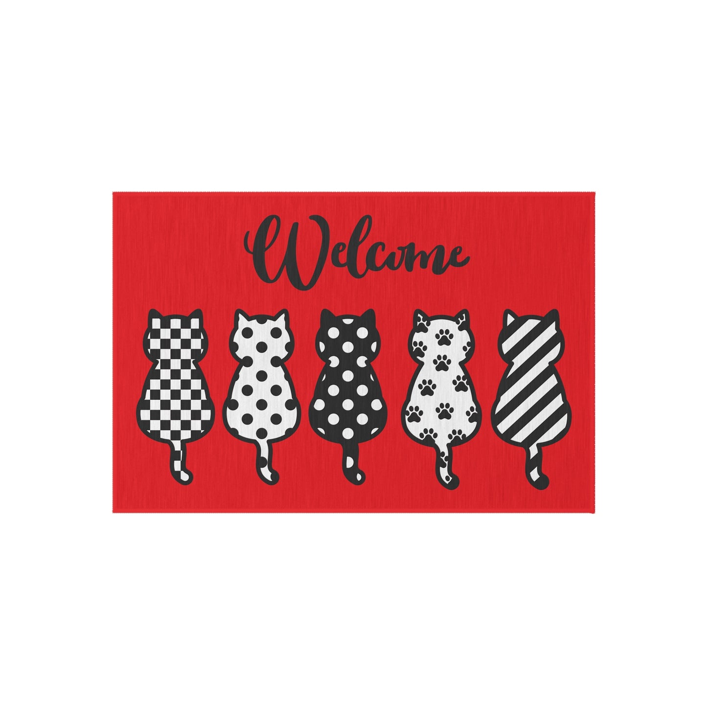 "Welcome" Patterned Five Cat's design Outdoor Rug (red)