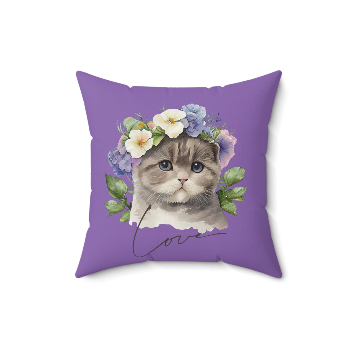 "Love" Cat with Flower's Design Spun Polyester Square Indoor Pillow