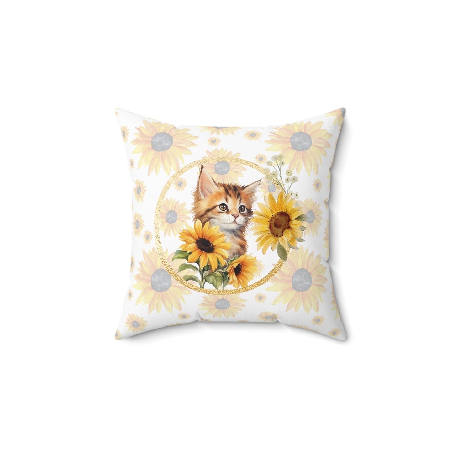 Sunflower pattern with Cute Cat's Design Spun Polyester Square Indoor Pillow