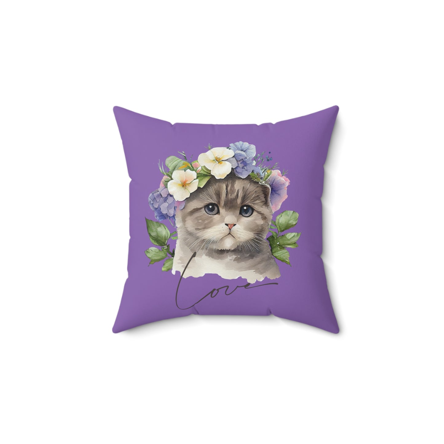 "Love" Cat with Flower's Design Spun Polyester Square Indoor Pillow
