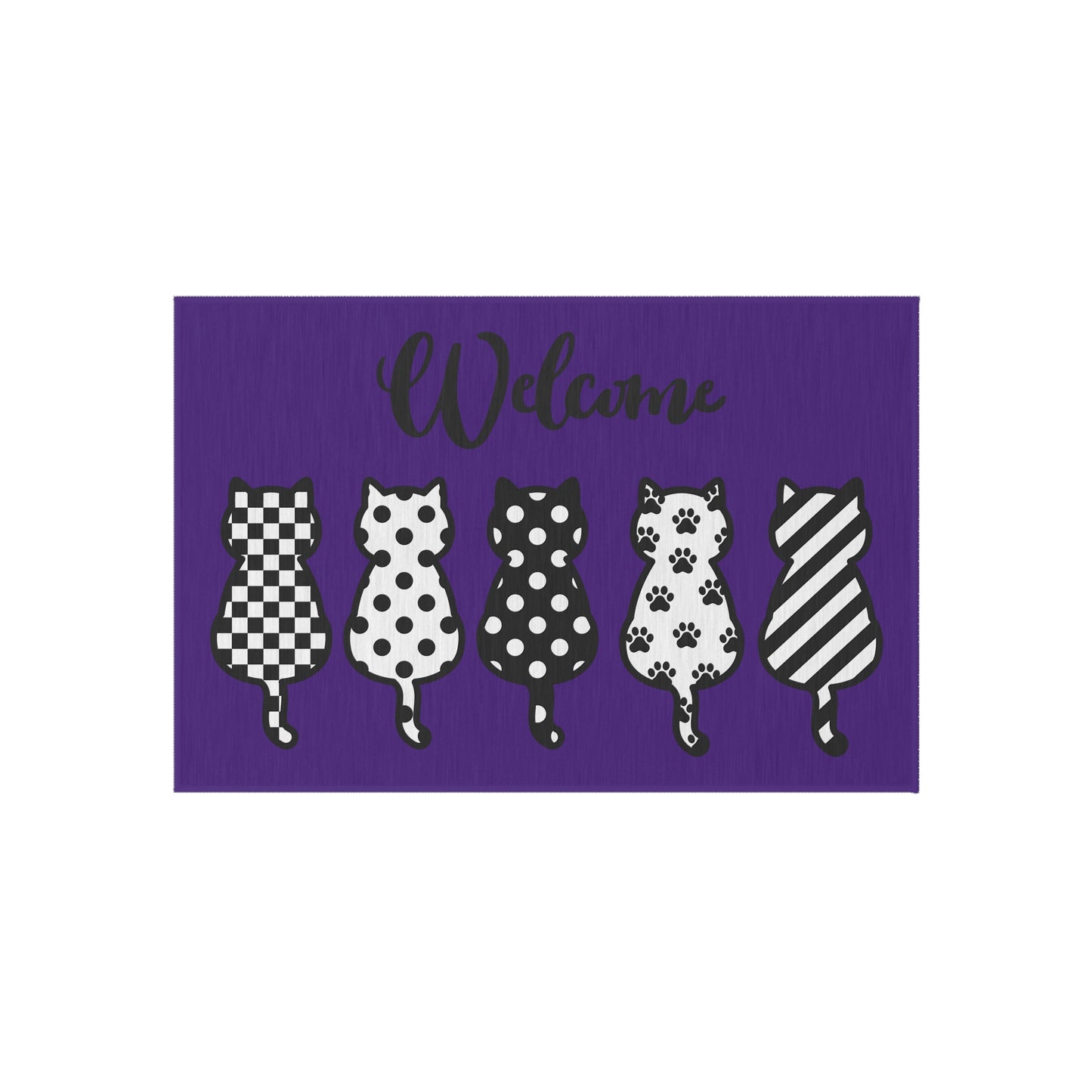 "Welcome" Patterned Five Cat's design Outdoor Rug (purple)