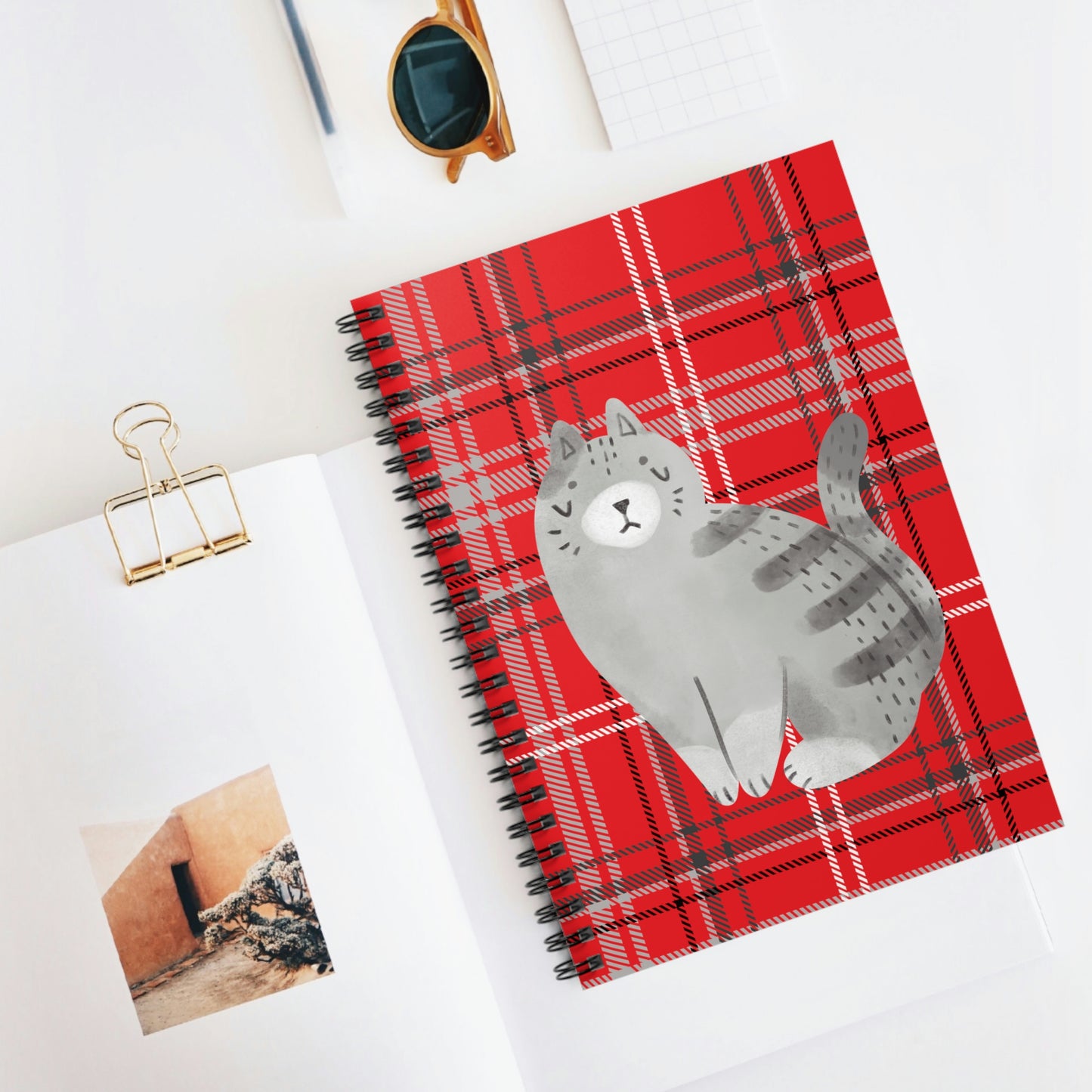 Red Plaid Grey Chubby Cat design Spiral Notebook - Ruled Line