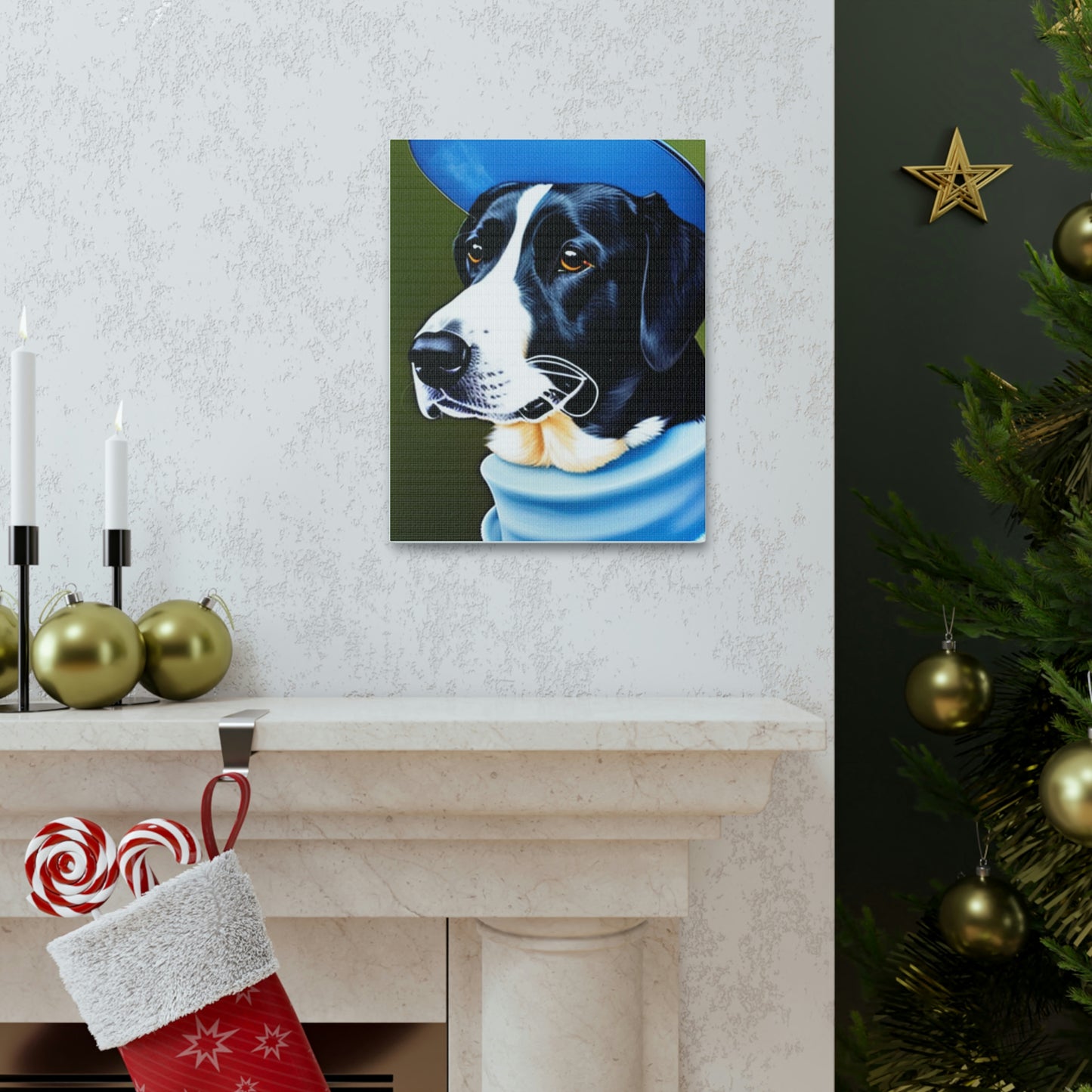 Dog wearing blue hat and sweater design Canvas Gallery Wraps poster