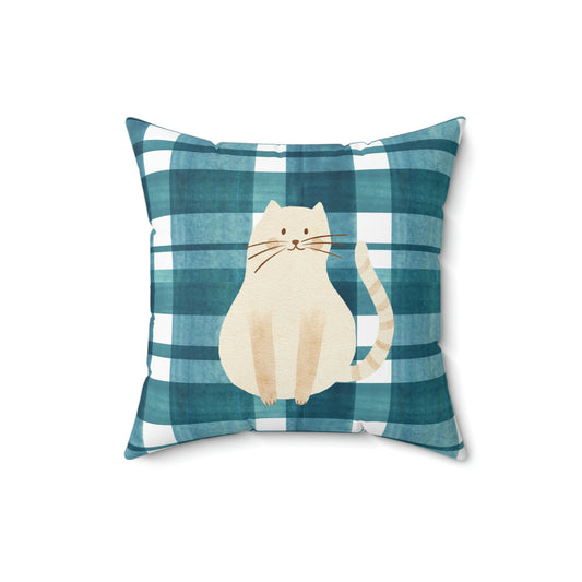 Blue Plaid Chubby Cat design Spun Polyester Square Indoor Pillow