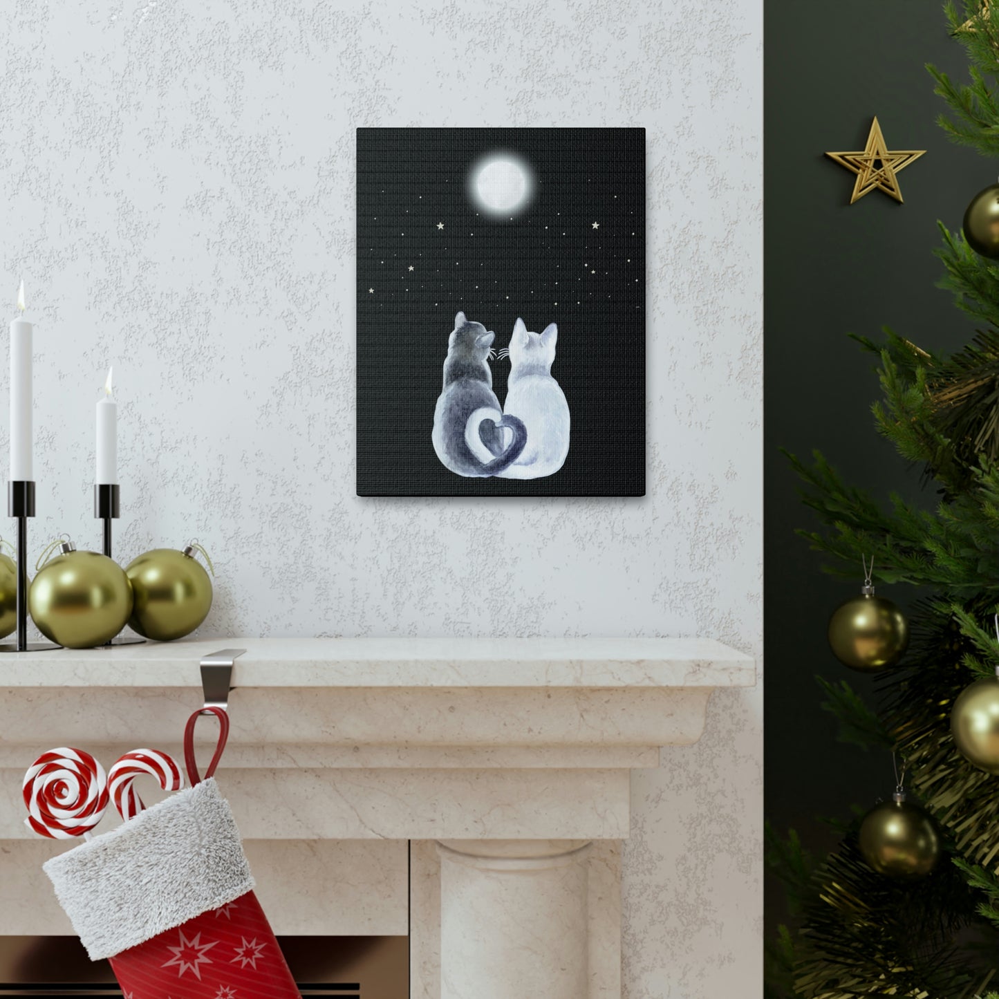 " Cats Mesmerized by the Full Moon's Glow " design (Black) Canvas Gallery Wraps poster