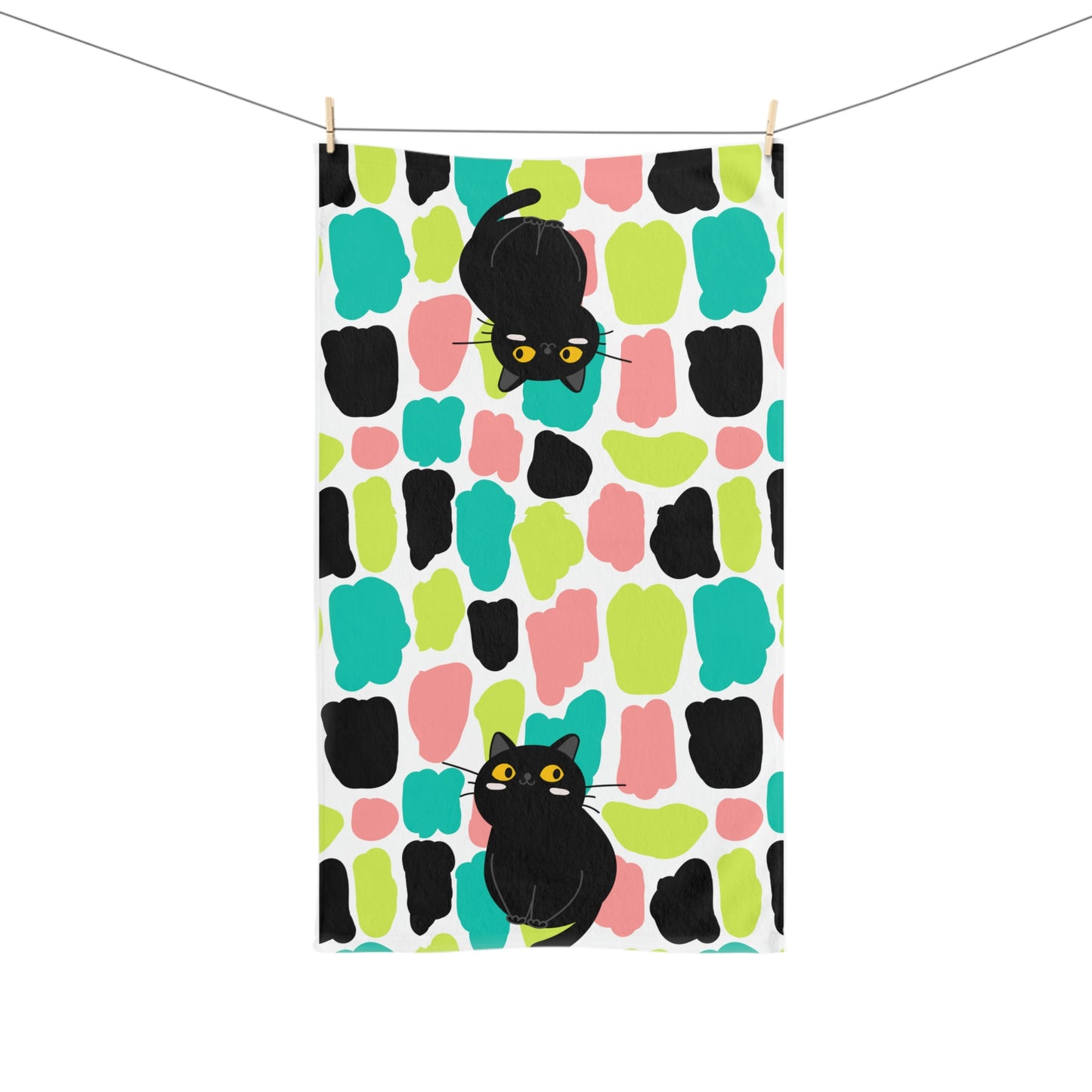 Colorful Pattern with Black Cat Design Hand Towel 16″ × 28″
