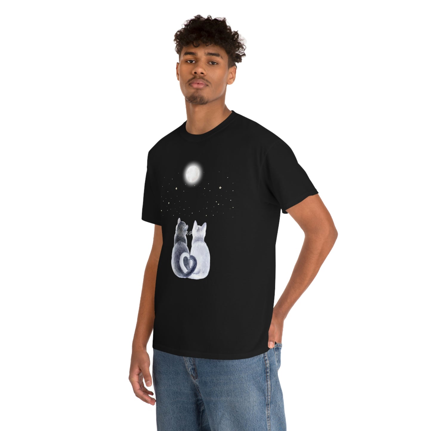 " Cats Mesmerized by the Full Moon's Glow" design Black Cotton Tee