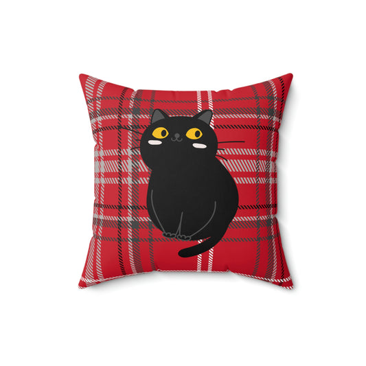 Red Plaid Chubby Black Cat design Spun Polyester Square Indoor Pillow