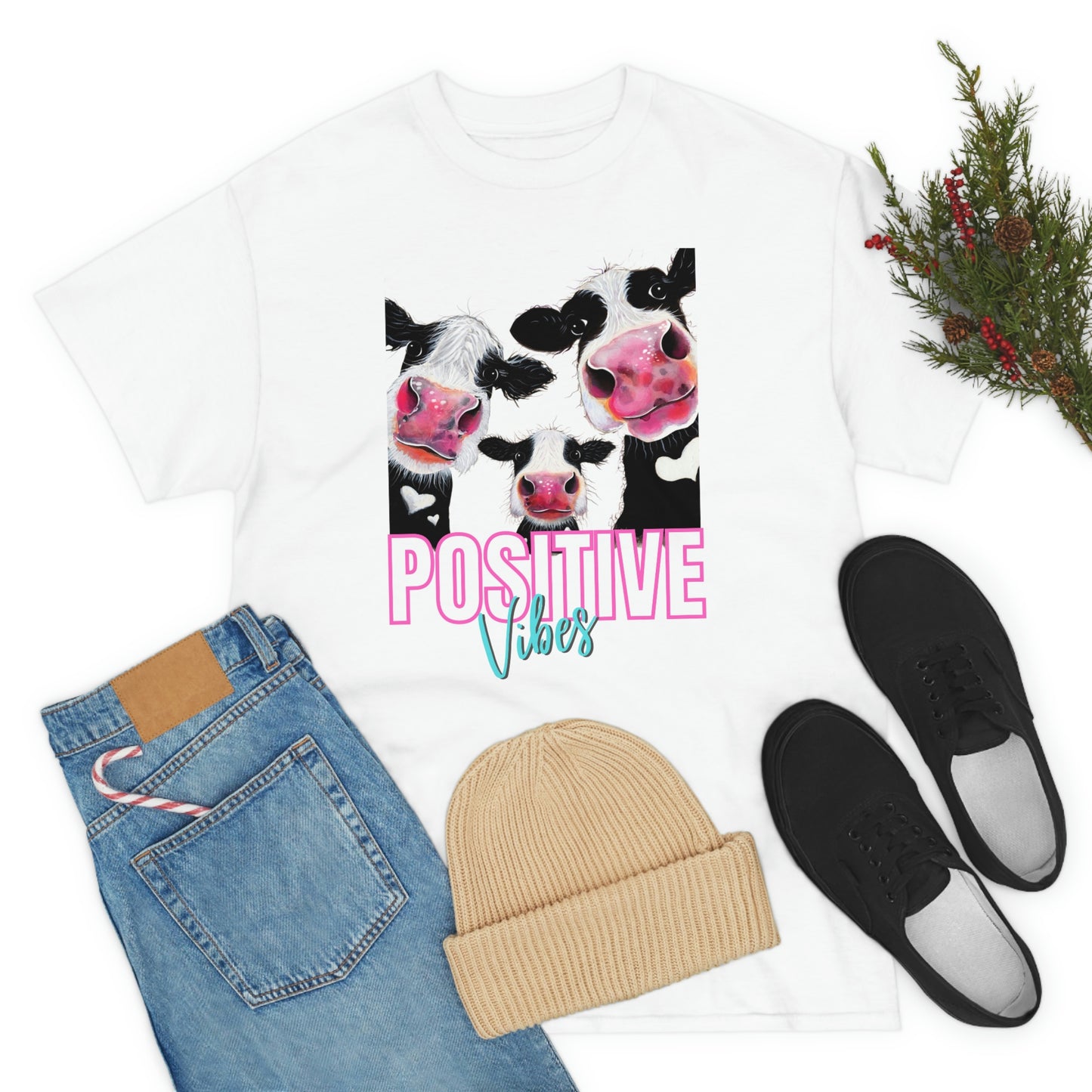 "Positive Vibes" Happy Cow Family Graphic tee shirt