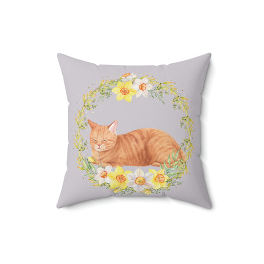 Sleeping Cat/Kitten with Floral Wreath design Spun Polyester Square Indoor Pillow