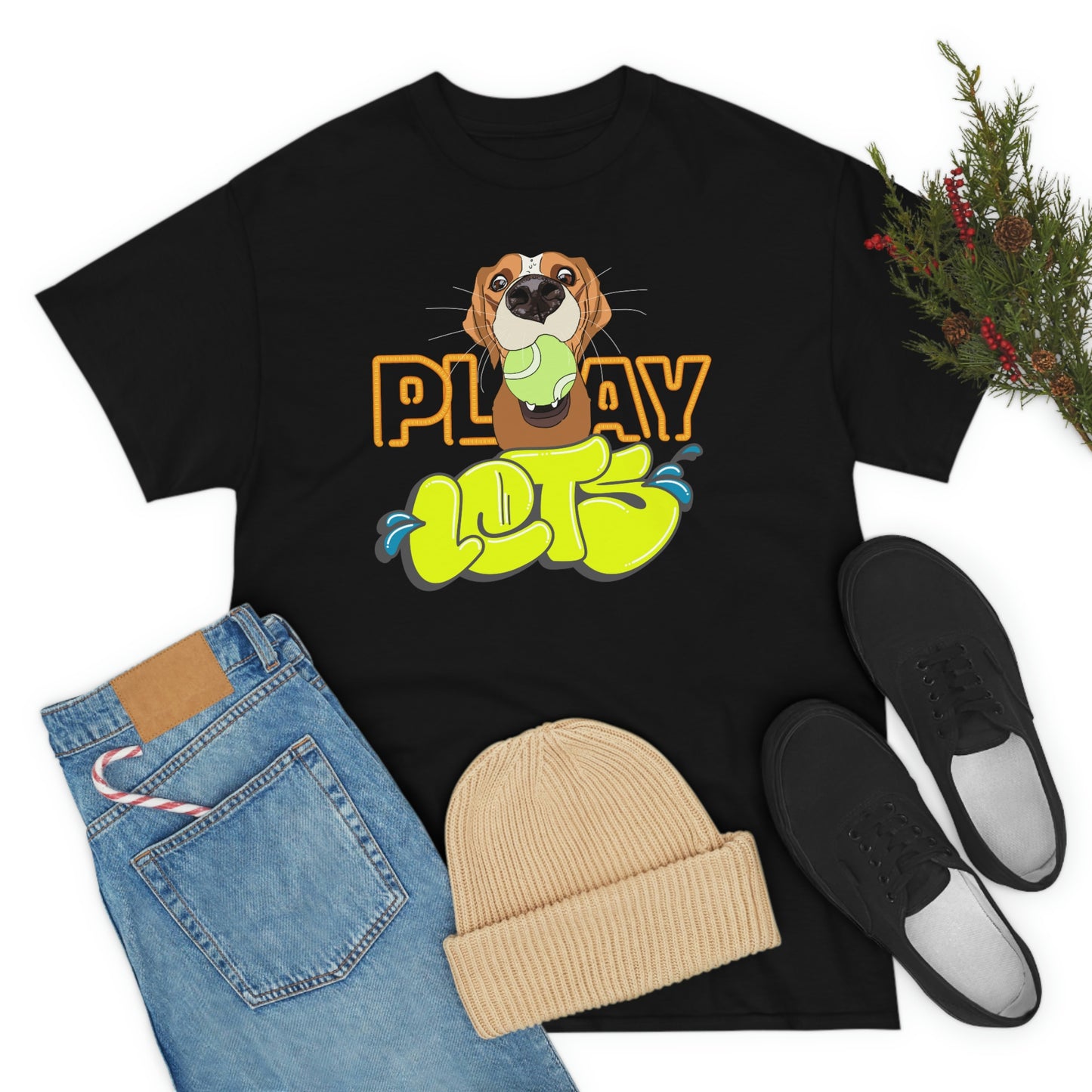 "Let's Play" Adorable Dog with Ball design white Cotton Tee