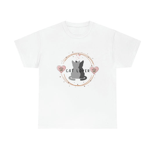 :Cat Lover: Two cats together Paws and  hearts design white Cotton Tee