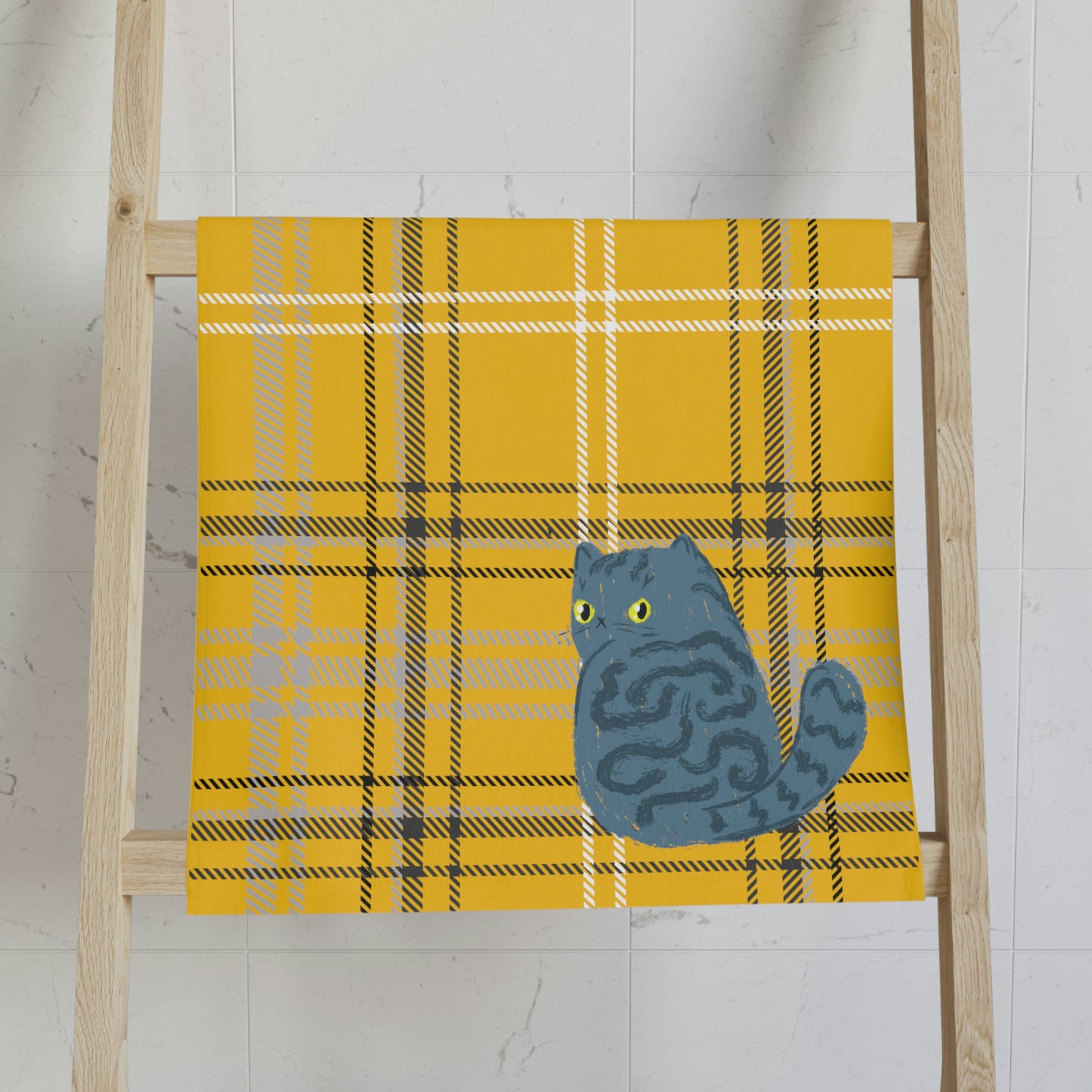 Yellow Plaid Cute Cat Desig Hand Towel 16″ × 28″
