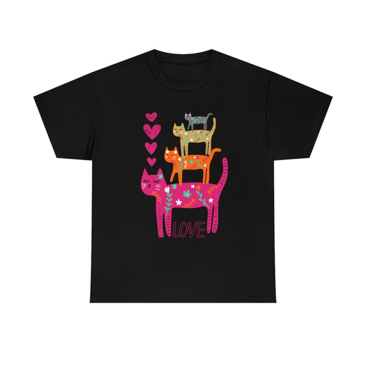 Cats on Cats colorful design Heats & "LOVE" Cotton Tee