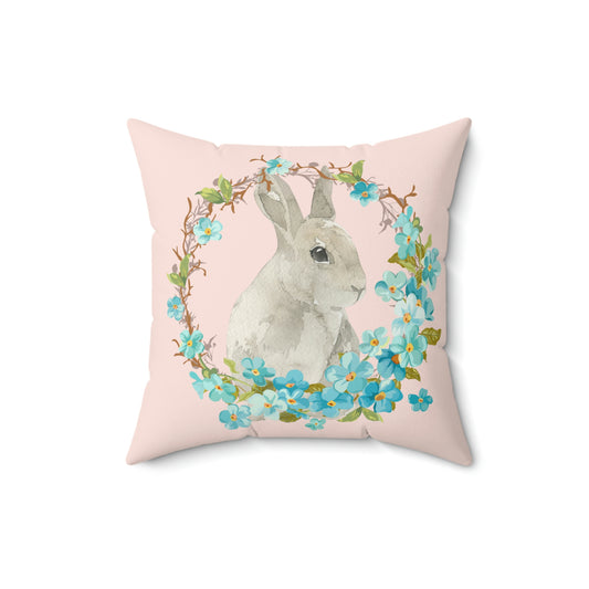 Adorable Bunny/Rabbit with Floral Wreath design Spun Polyester Square Indoor Pillow (Pink)