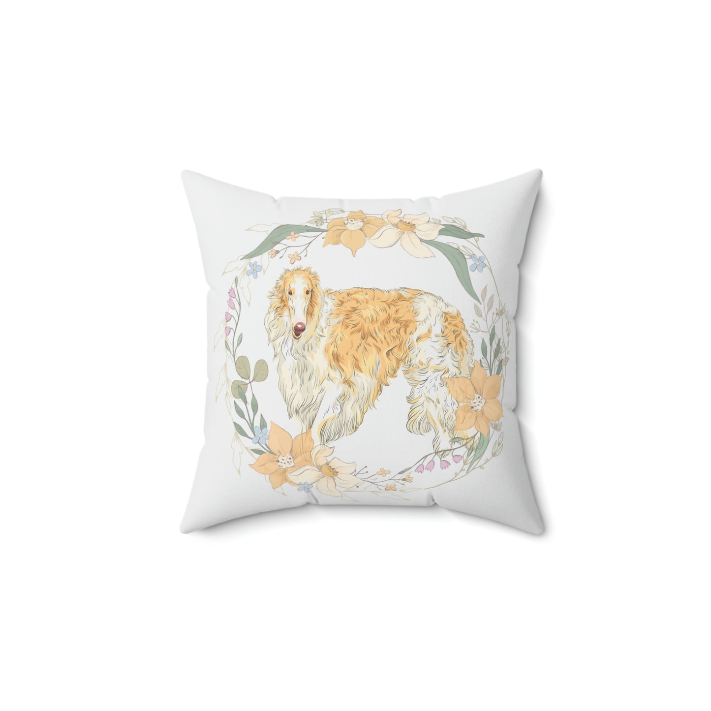 Borzoi Dog with Floral Wreath design Spun Polyester Square Indoor Pillow