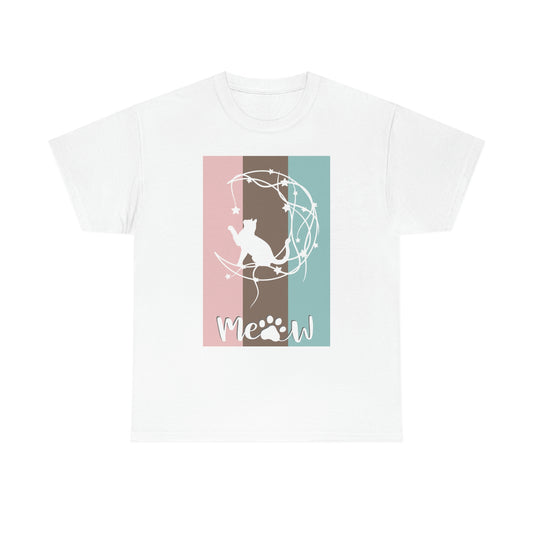 "Meow" Cat is playing on Moon design Stripe Cotton Tee