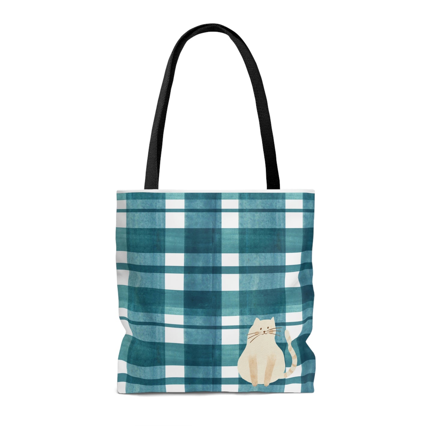 Blue Plaid Chubby Cat design Tote Bag (AOP)