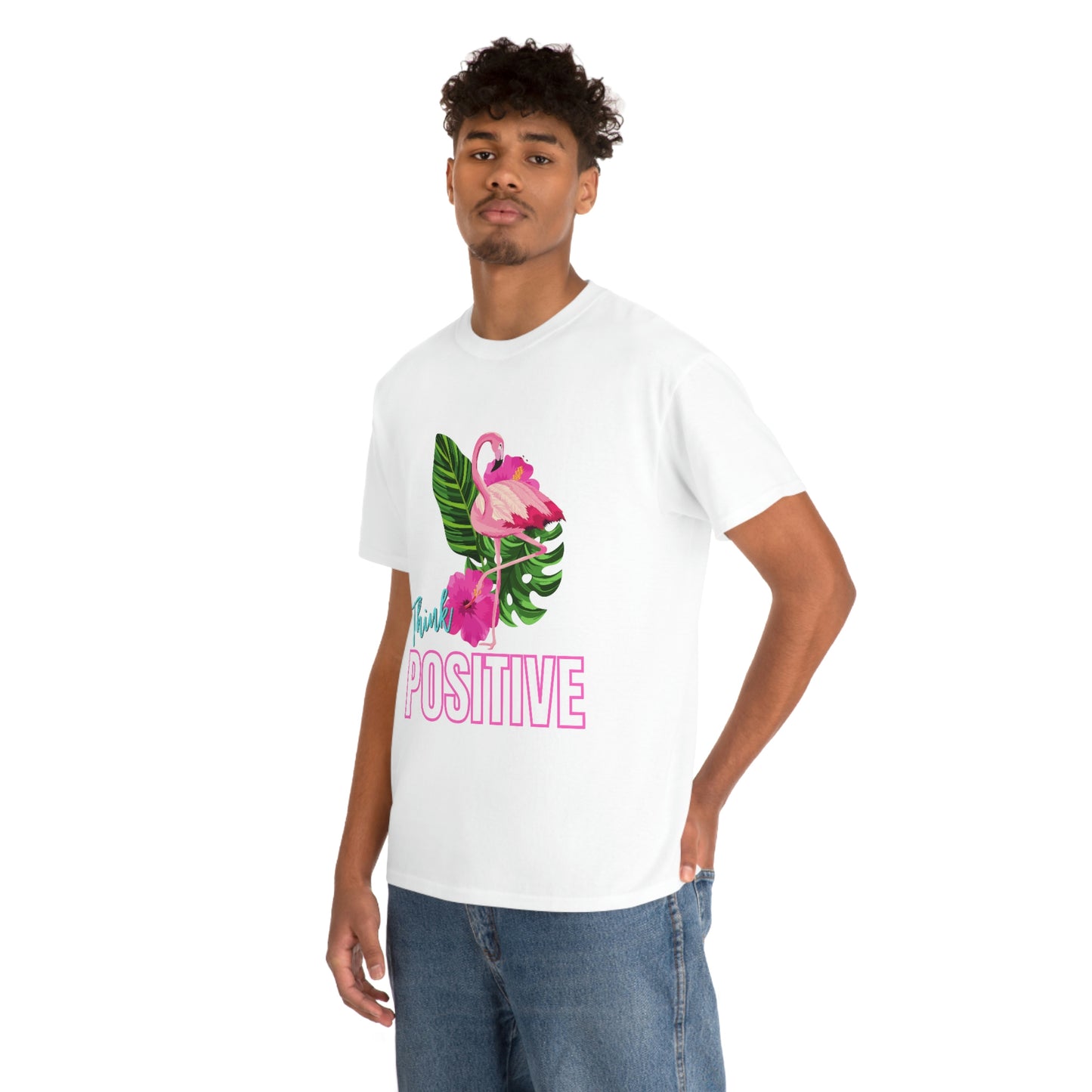 "Think Positive" Flamingo Tropical Graphic tee shirt