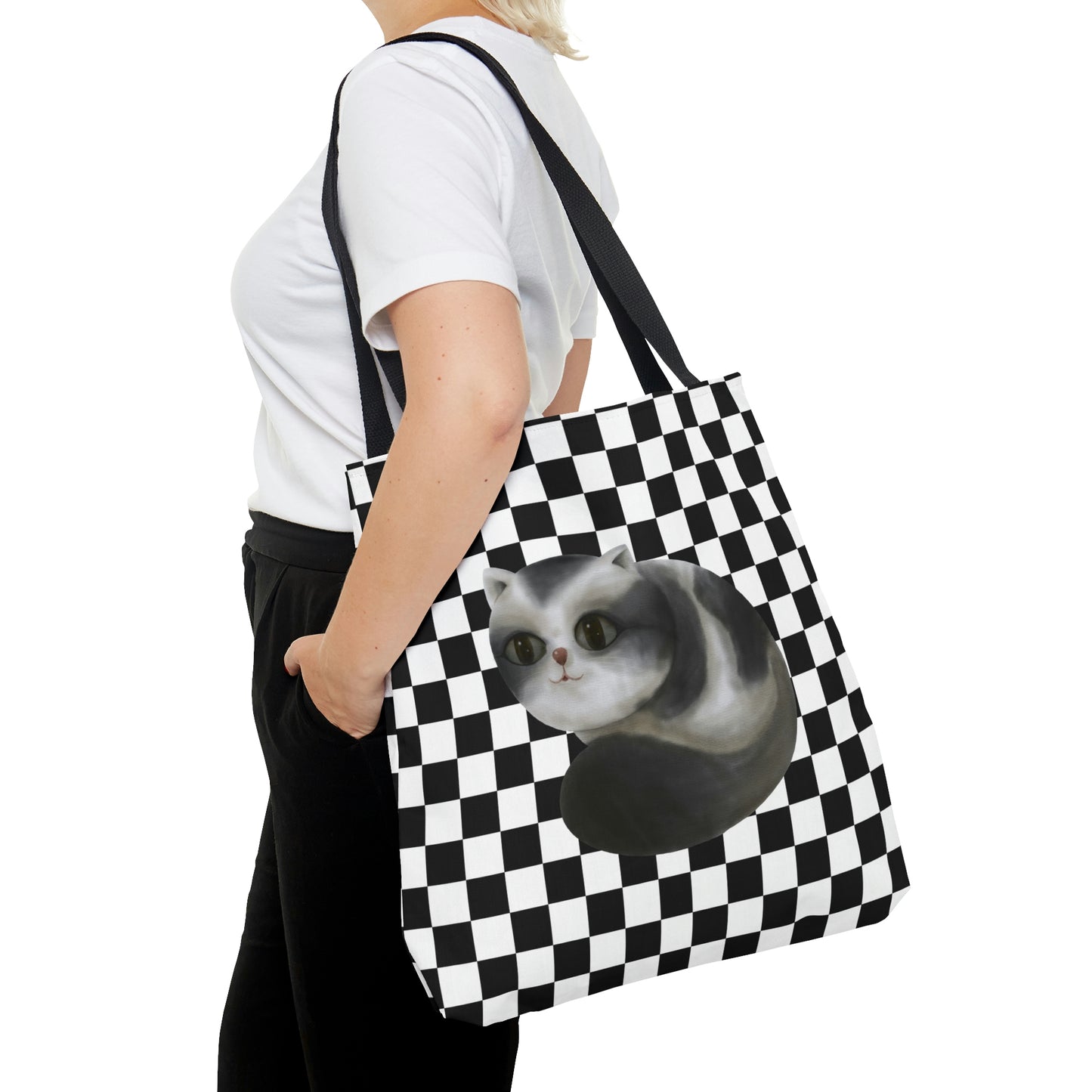 Checkerboard pattern Chubby Cat design Tote Bag (AOP)