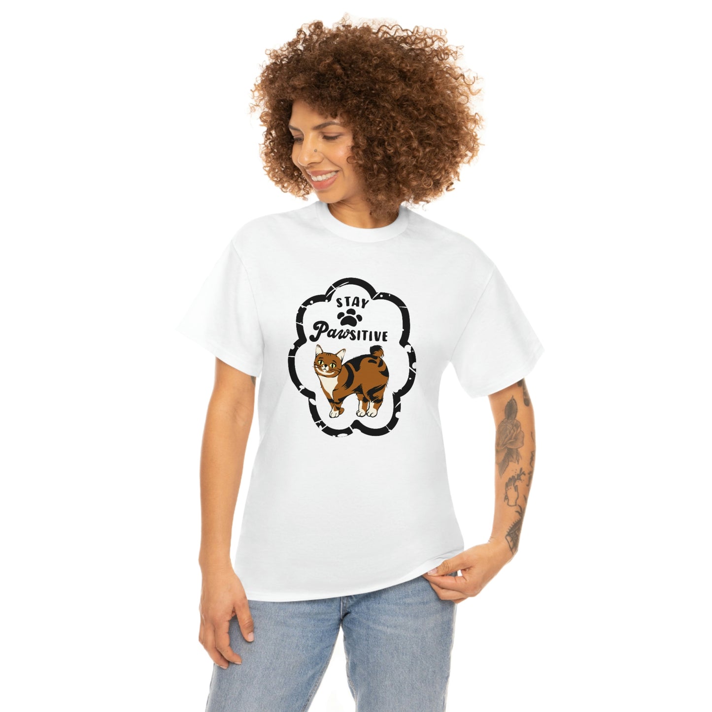 Cute Cat "Stay Pawsitive" design Cotton Tee