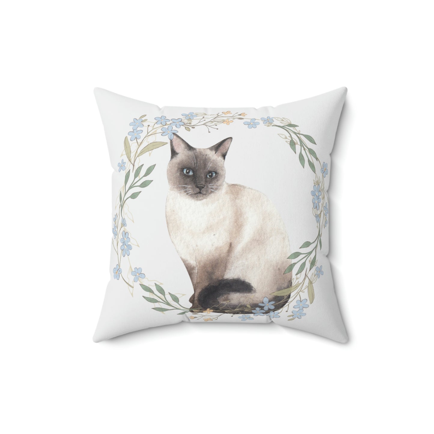 Siamese Cat with Floral Wreath design Spun Polyester Square Indoor Pillow
