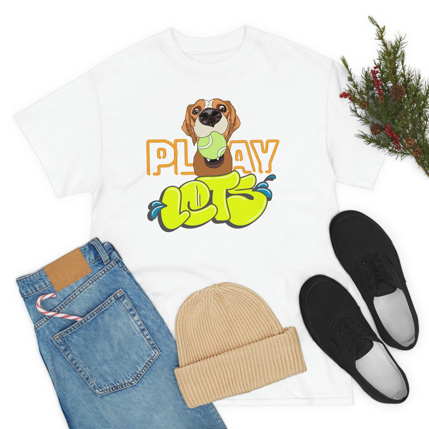 "Let's Play" Adorable Dog with Ball design white Cotton Tee