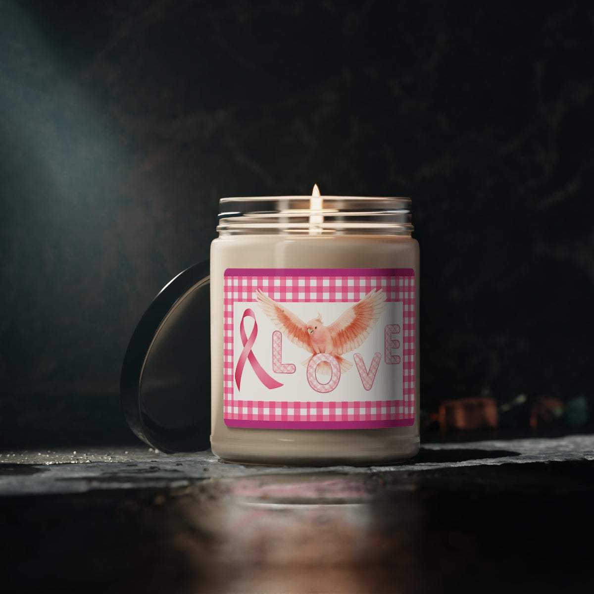 Pink Ribbon with Pink cockatoo Scented Soy Candle Jar 9oz