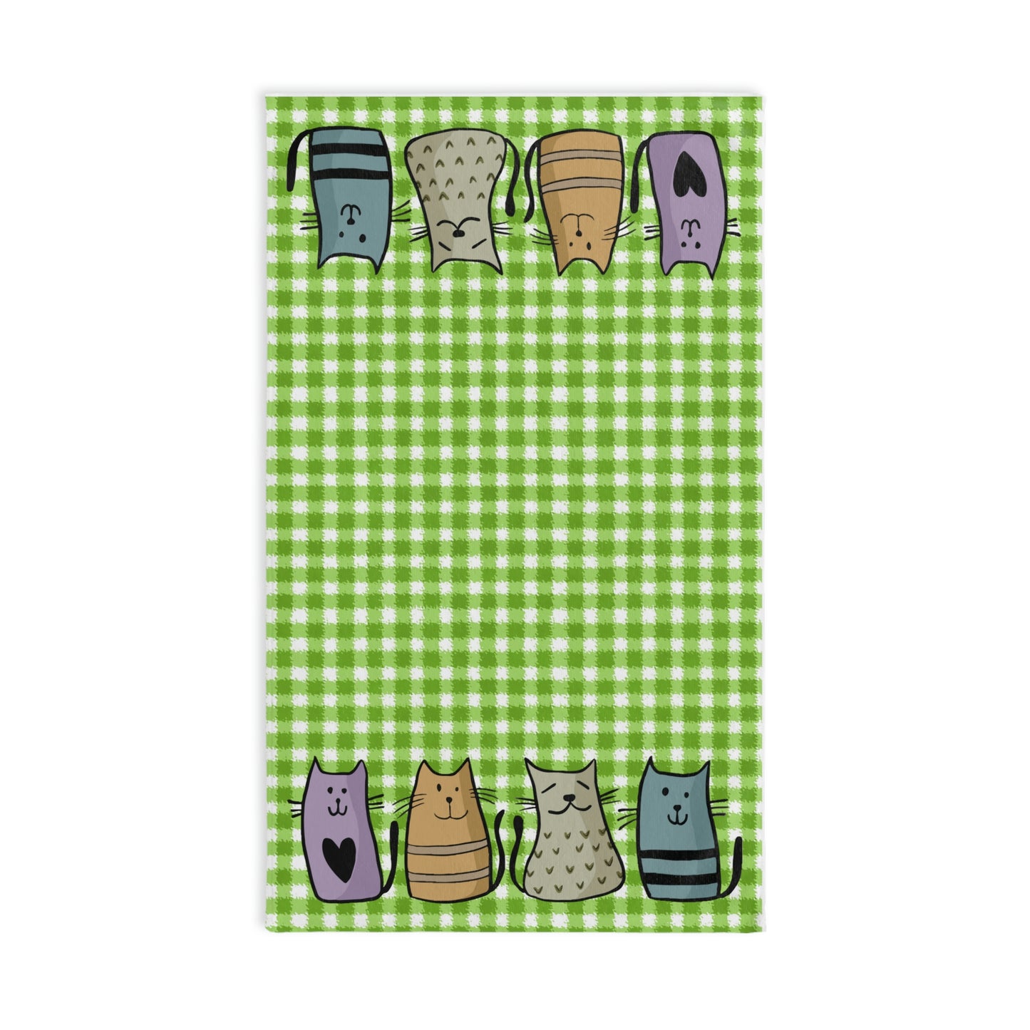 Green Checked Pattern Four Cats Design Hand Towel 16″ × 28″