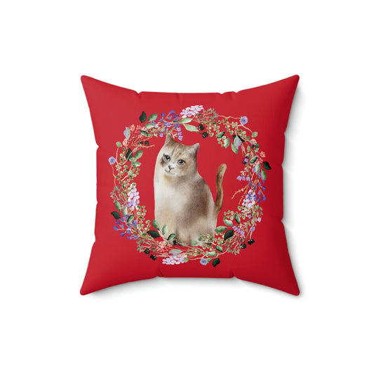 Adorable Cat with Wreath design (Red) Spun Polyester Square Indoor Pillow