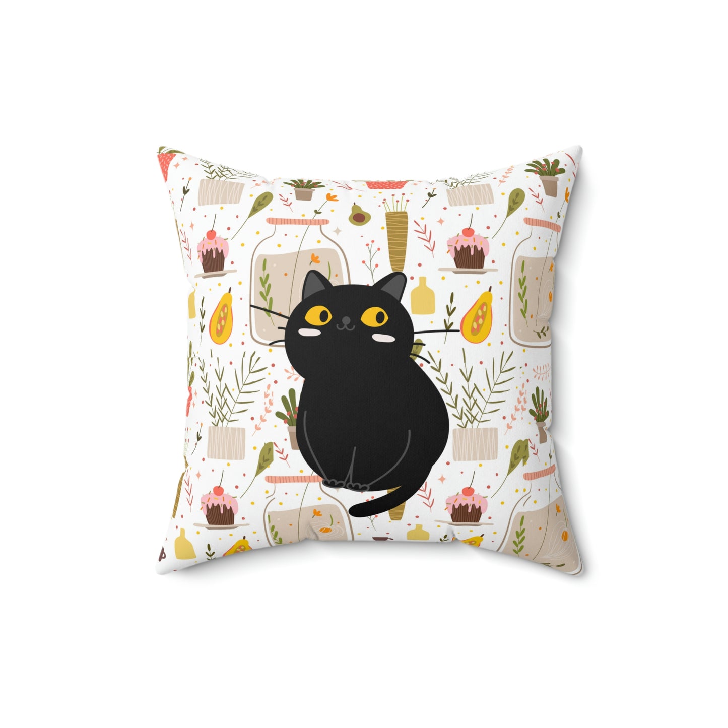 Cute Chubby Cat with plants design Spun Polyester Square Indoor Pillow