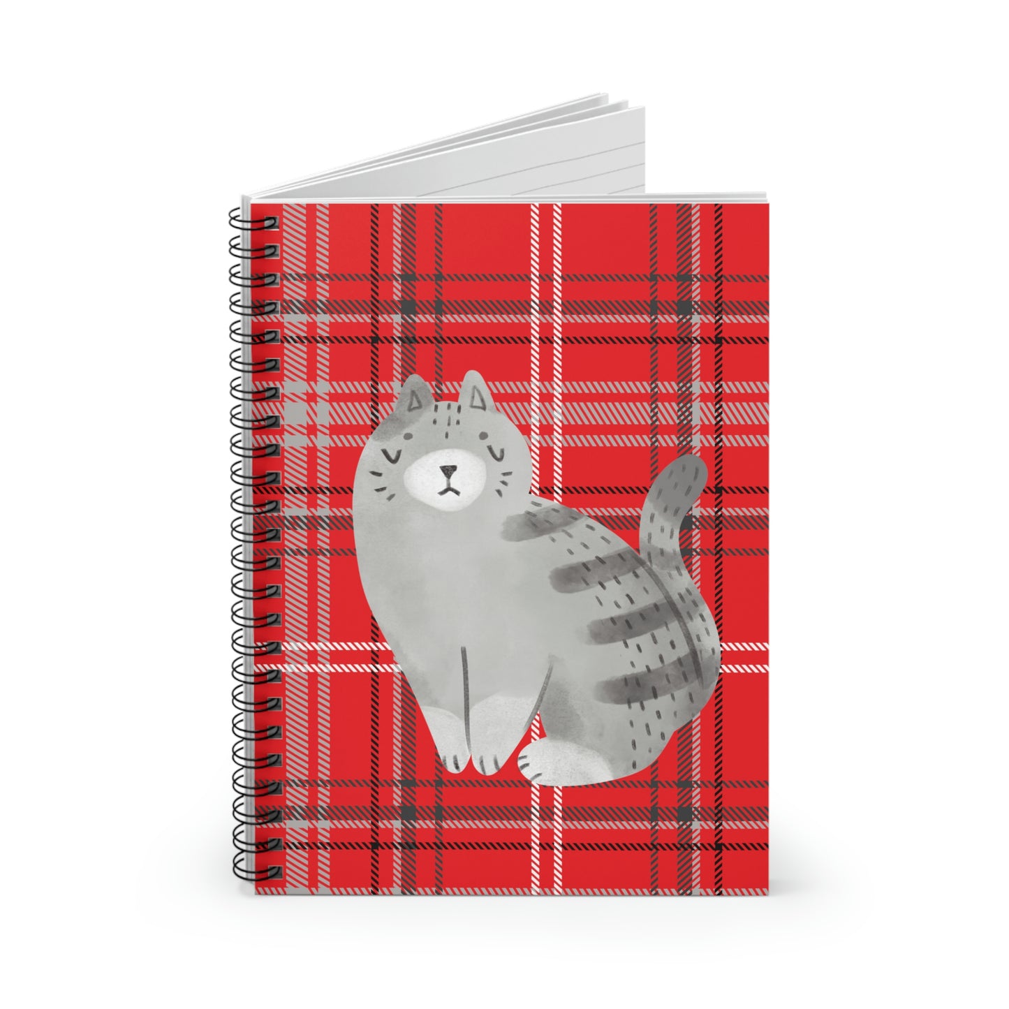 Red Plaid Grey Chubby Cat design Spiral Notebook - Ruled Line