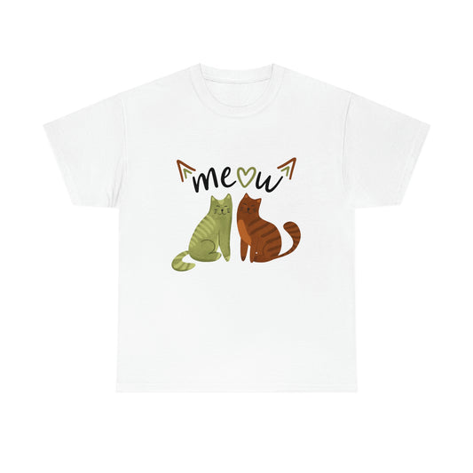 Two Cats Green Cat & Brown Cat "Meow" design Cotton Tee