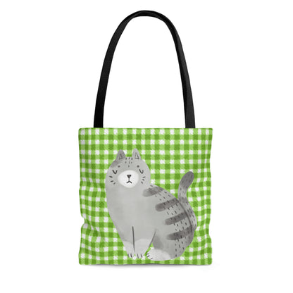 Green Plaid Grey Cat design Tote Bag (AOP)