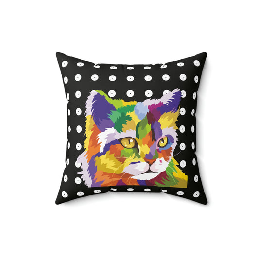 Colorful Cat Face Black White Dots design Spun Polyester Square Indoor Pillow