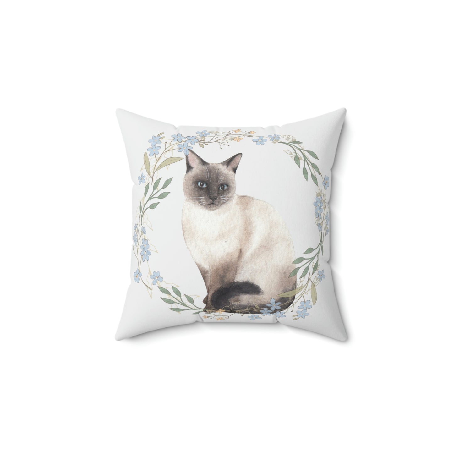 Siamese Cat with Floral Wreath design Spun Polyester Square Indoor Pillow