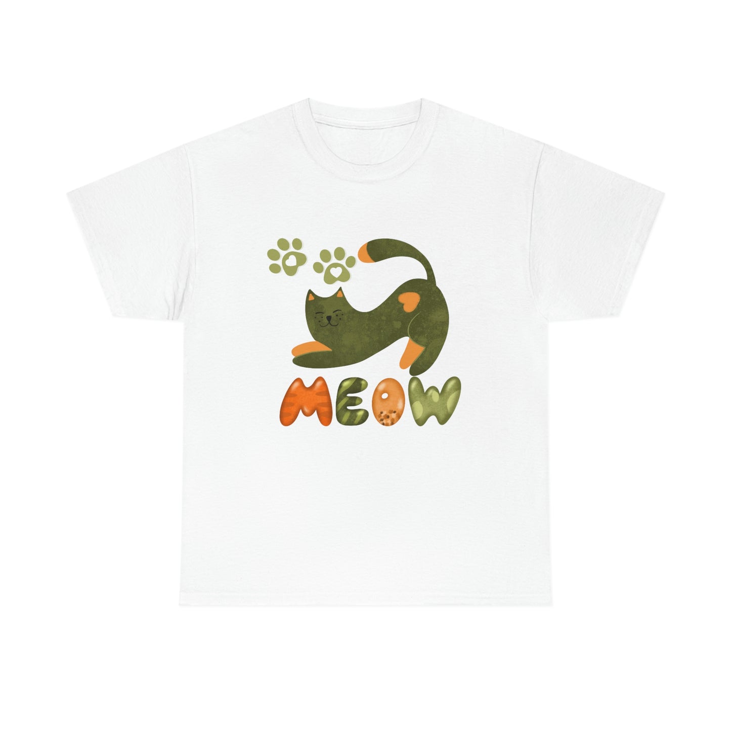 "Meow" Cute Green Cat with Paws design Cotton Tee