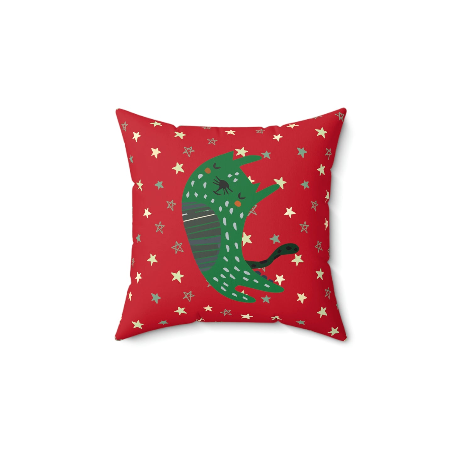 Red Stars and Green Cat design Spun Polyester Square Indoor Pillow
