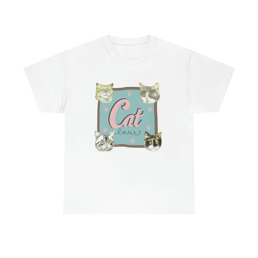 "Cat Lover" Paws and Four Cats design white Cotton Tee