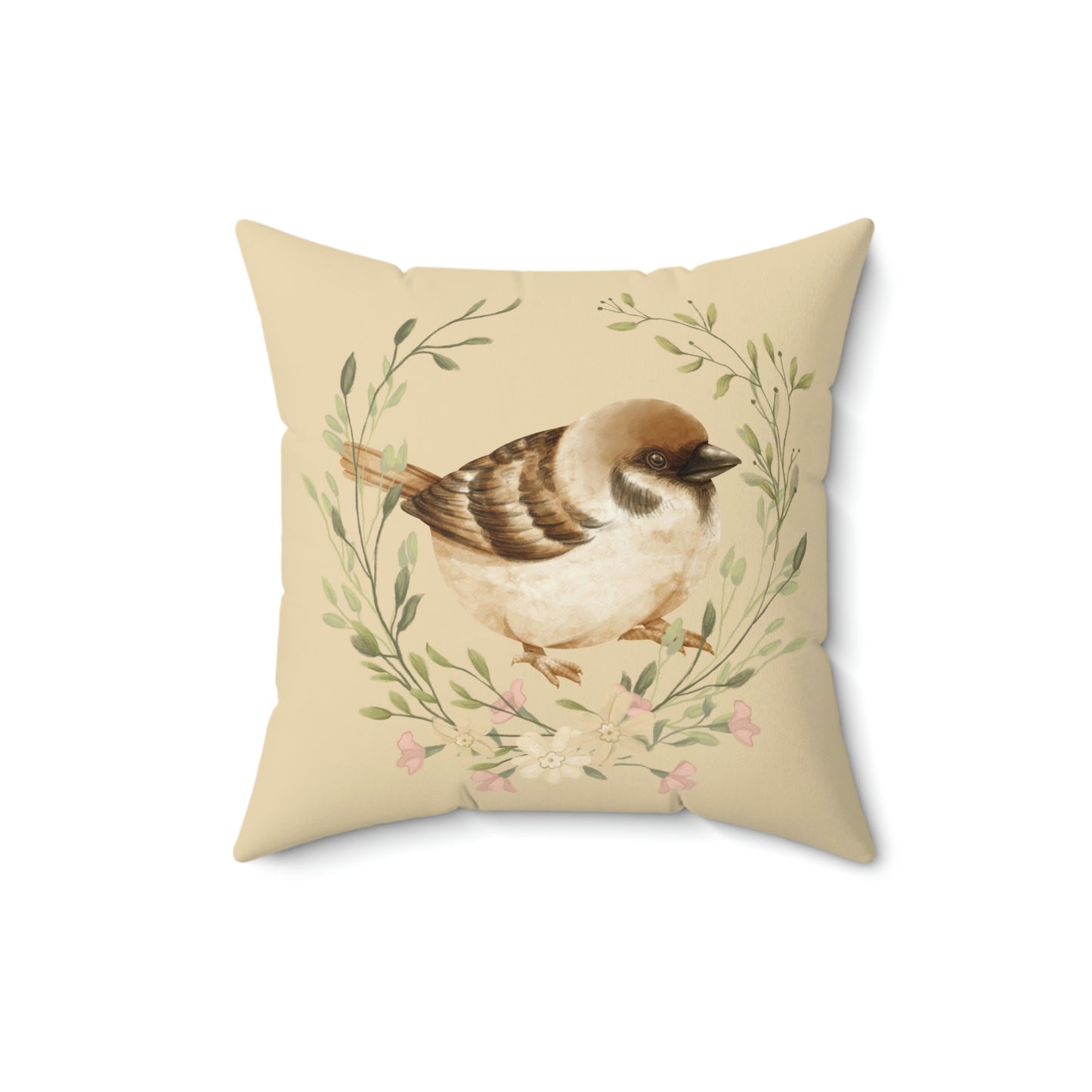 Bird/Sparrow with Floral Wreath design Spun Polyester Square Indoor Pillow