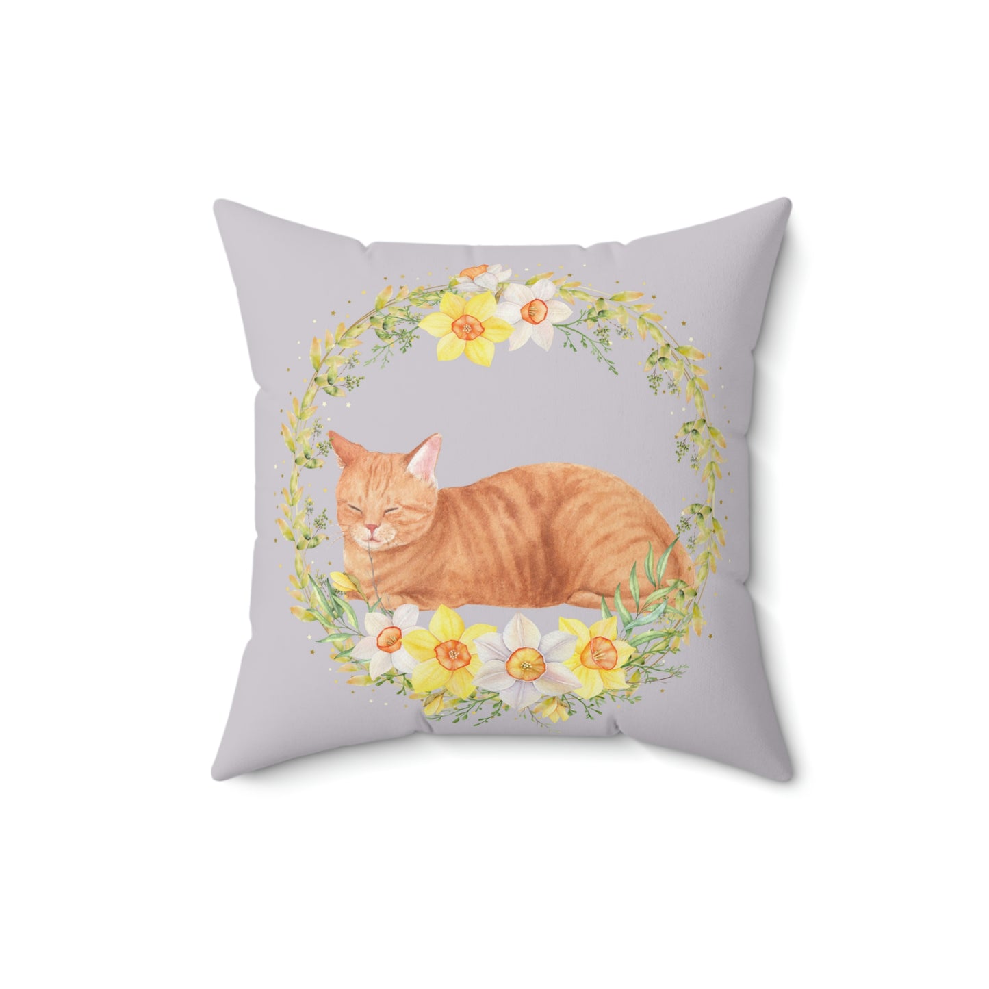 Sleeping Cat/Kitten with Floral Wreath design Spun Polyester Square Indoor Pillow