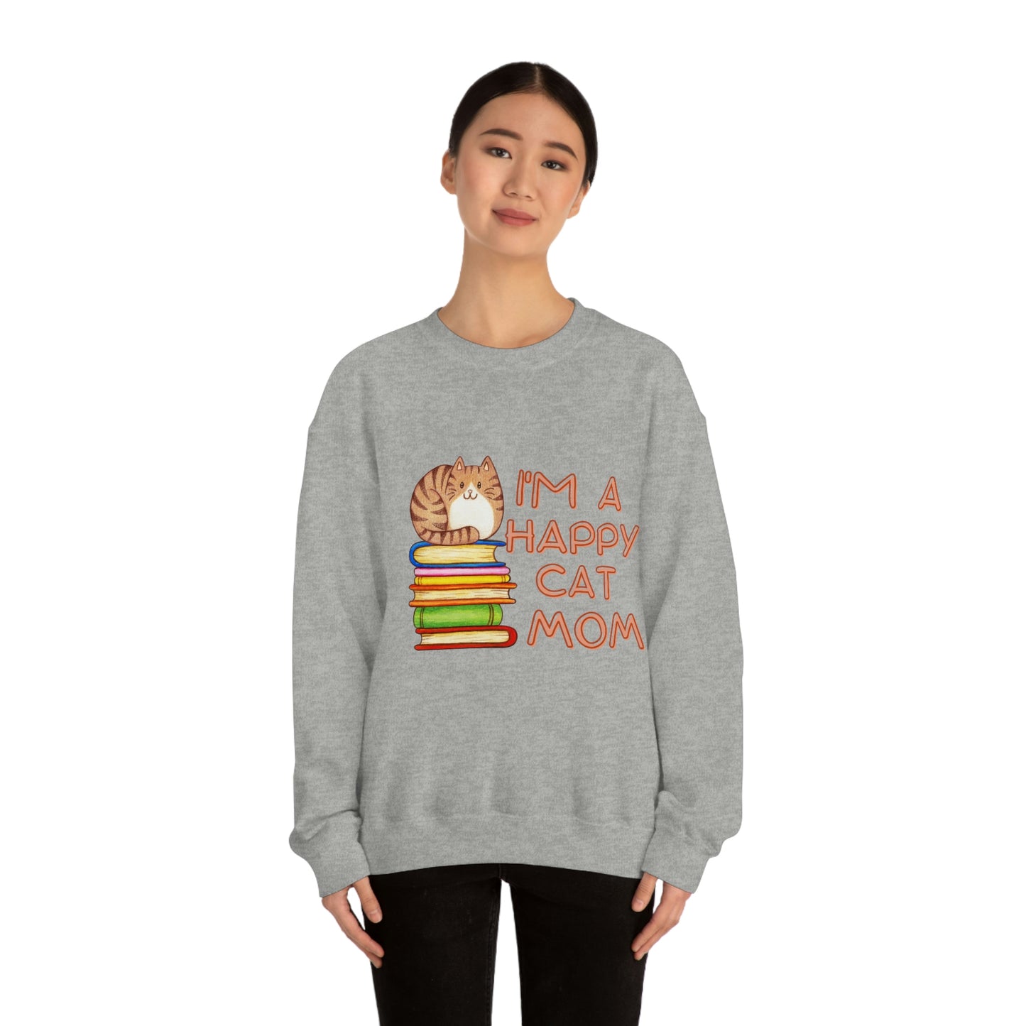I'M A HAPPY CAT MOM  Cat on Books design  Graphic Crewneck Sweatshirt