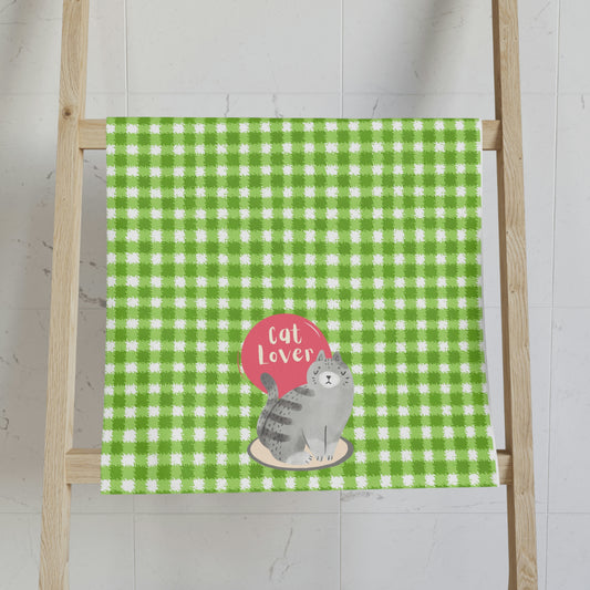 Green Checked Pattern Cat Lover Design Hand Towel 16″ × 28″