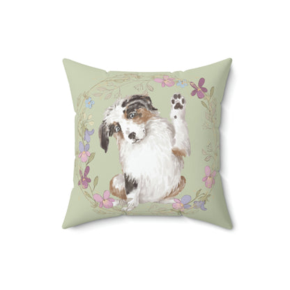 Australian Shepard Dog/Puppy with Floral Wreath design Spun Polyester Square Pillow