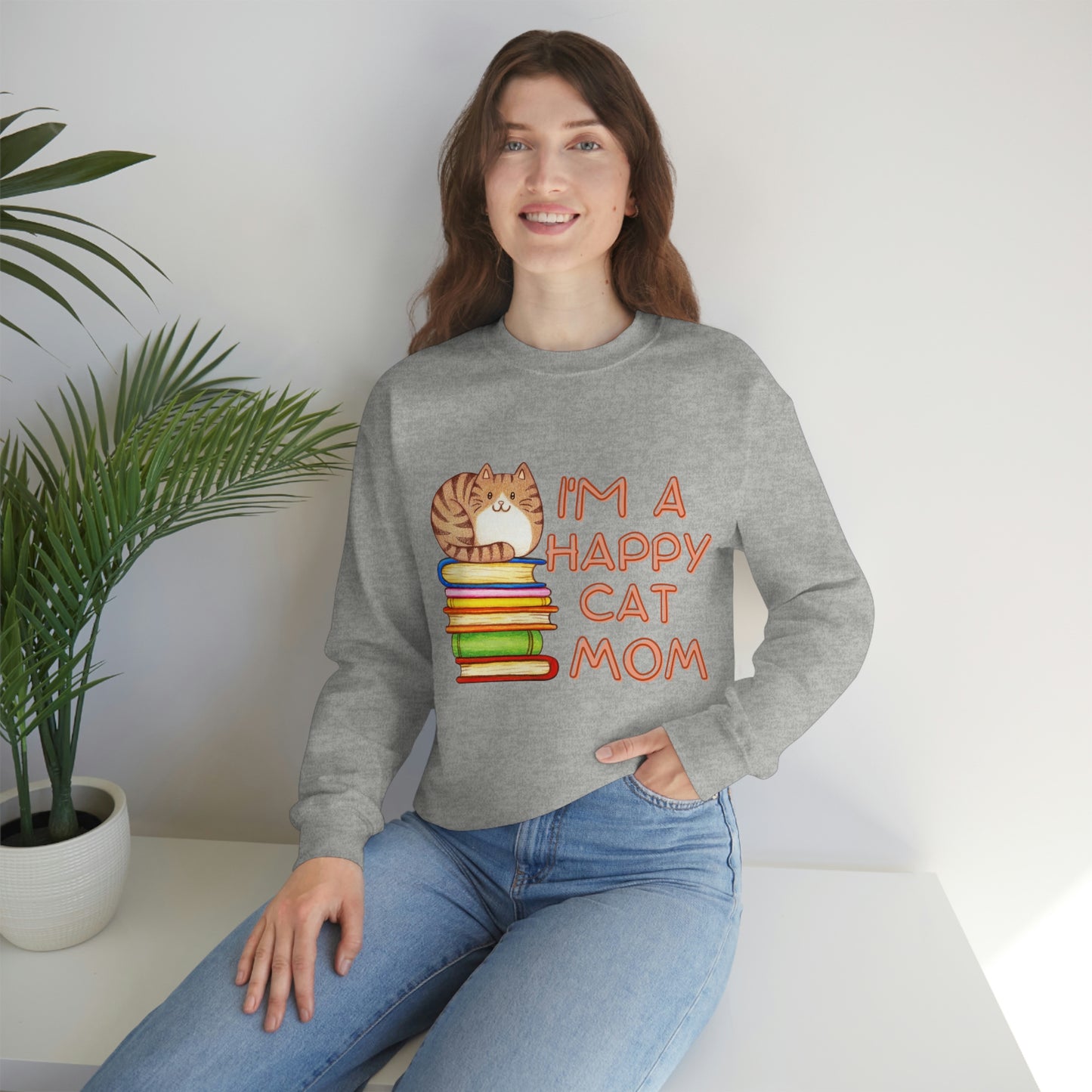 I'M A HAPPY CAT MOM  Cat on Books design  Graphic Crewneck Sweatshirt