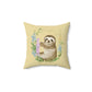 Happy Sloth with Floral Wreath design Spun Polyester Square Indoor Pillow
